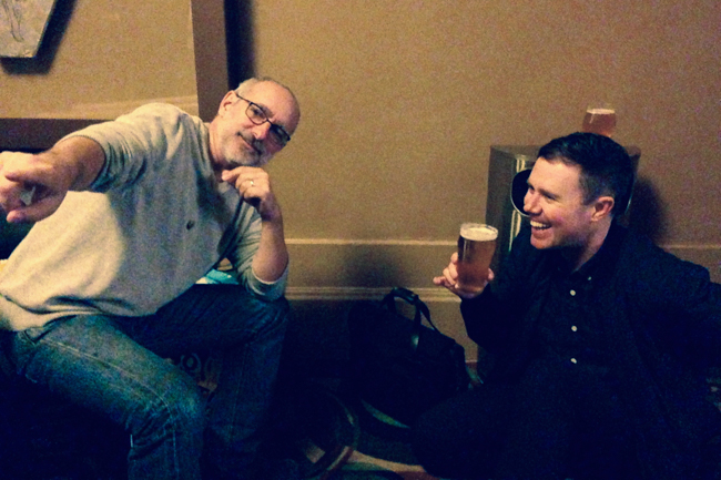 Dean and David enjoy a beer and talk Ski School trivia before the show