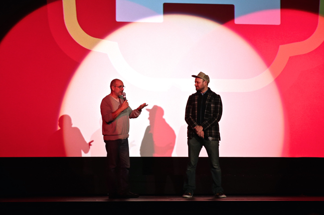 Dean speaks to the packed San Francisco theater about his Ski School experience before the movie begins