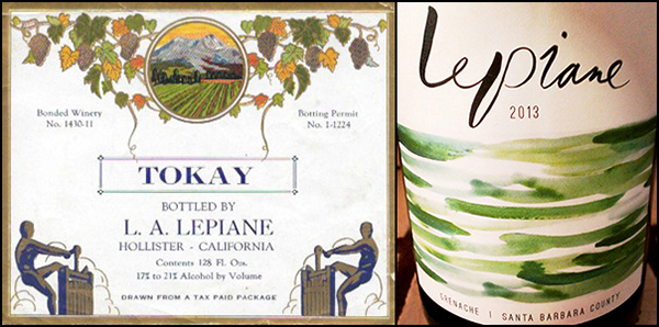 (Left) Label from wine made by Thomson’s great-grandfather; (Right) Thomson’s Grenache
