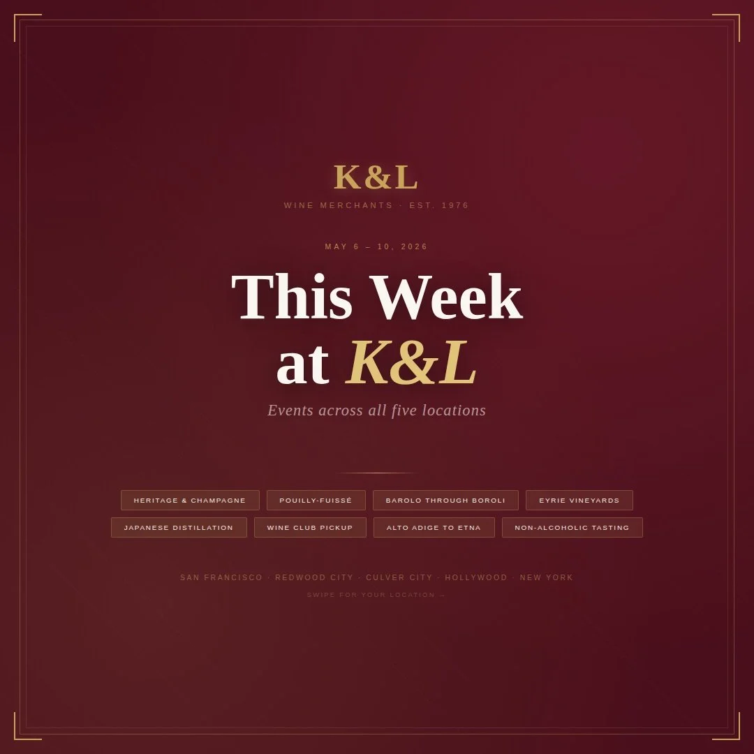 A big week across all five stores &mdash; Champagne, Barolo, Oregon Pinot, Pouilly-Fuiss&eacute;, Japanese spirits, and more. Most events are free. Heritage &amp; Champagne on Saturday tickets will go fast, so reserve in advance.

Swipe for your loca