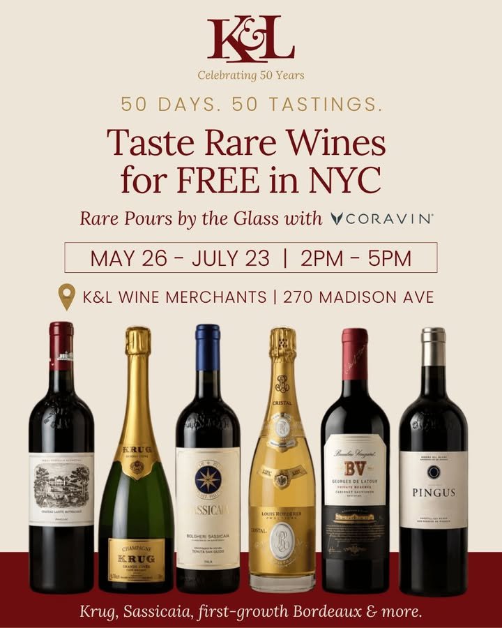 **NYC** 50 days. 50 tastings. Free.

Starting May 26, we're opening our cellar at 270 Madison Ave every day through July 23 &mdash; Krug, Cristal, Sassicaia, Pingus, first-growth Bordeaux, and much more. No sign-up. No ticket. Just show up between 2&