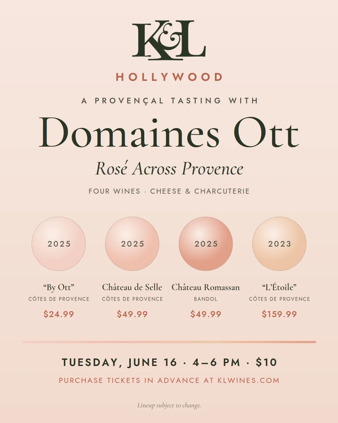 Next week at K&amp;L Hollywood:  Four ros&eacute;s, one estate, the whole spectrum of Provence.
On Tuesday, June 16, we're pouring Domaines Ott at our Hollywood store &mdash; a chance to taste across all three of the estate's properties in a single f