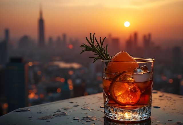 Cocktail in front of New York at sunset. Spirits selected by K&L Wine Merchants