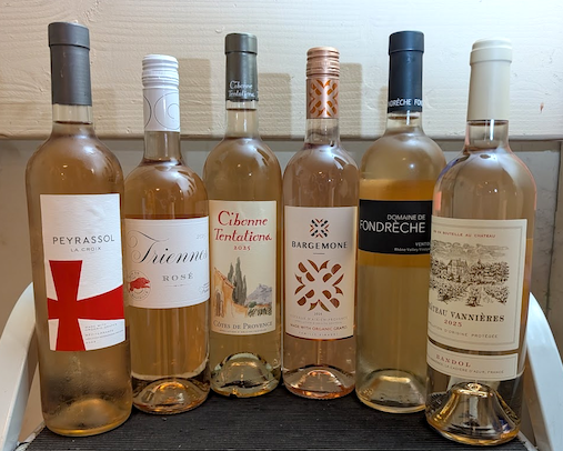 An array of rose' wine bottles