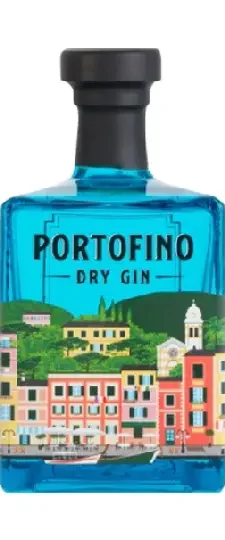 Portofino Dry Gin bottle with colorful illustrated label depicting the harbor village of Portofino on the Ligurian coast of Italy