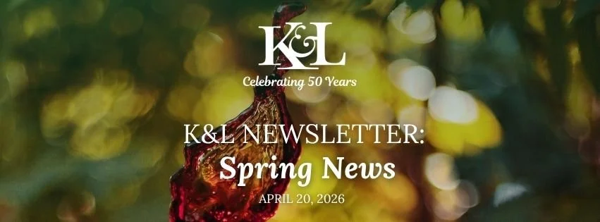 Spring 2026 K&L Wine Merchants newsletter featuring Bordeaux futures, staff picks, and rare spirits
