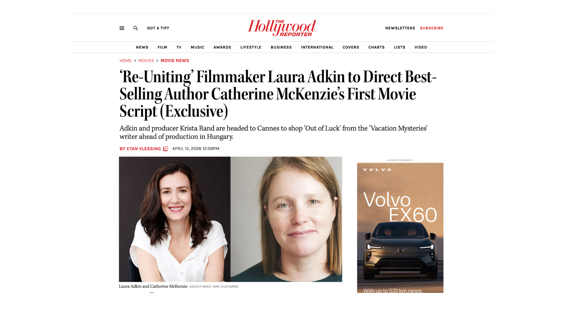 two photos of women and a title announcing ‘Re-Uniting’ Filmmaker Laura Adkin to Direct Best-Selling Author Catherine McKenzie’s First Movie Scrip