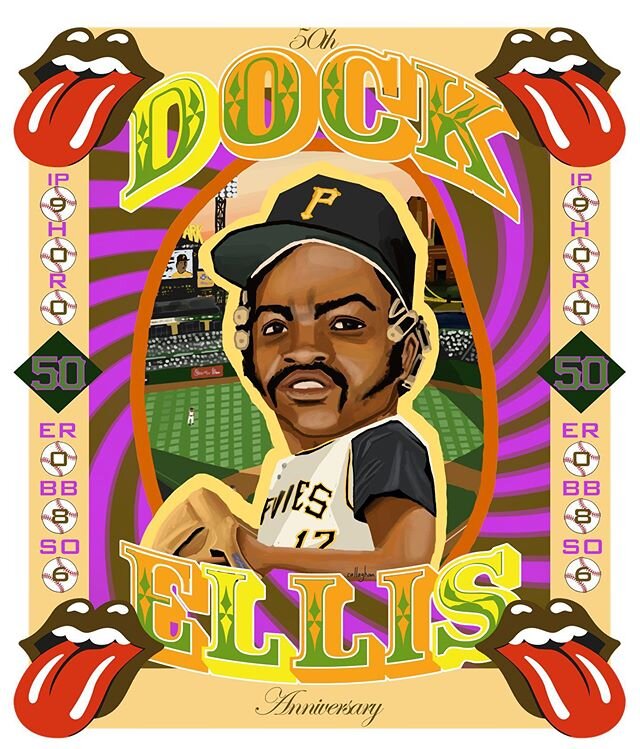 50yrs ago today #DockEllis pitched a no-hitter.One of the illest things a pitcher cud do on the field. Let alone doing while &ldquo;exploring&rdquo; other realms of reality, to put it mildly. I wanna thank Brian @hokiecal_art for working with me on t