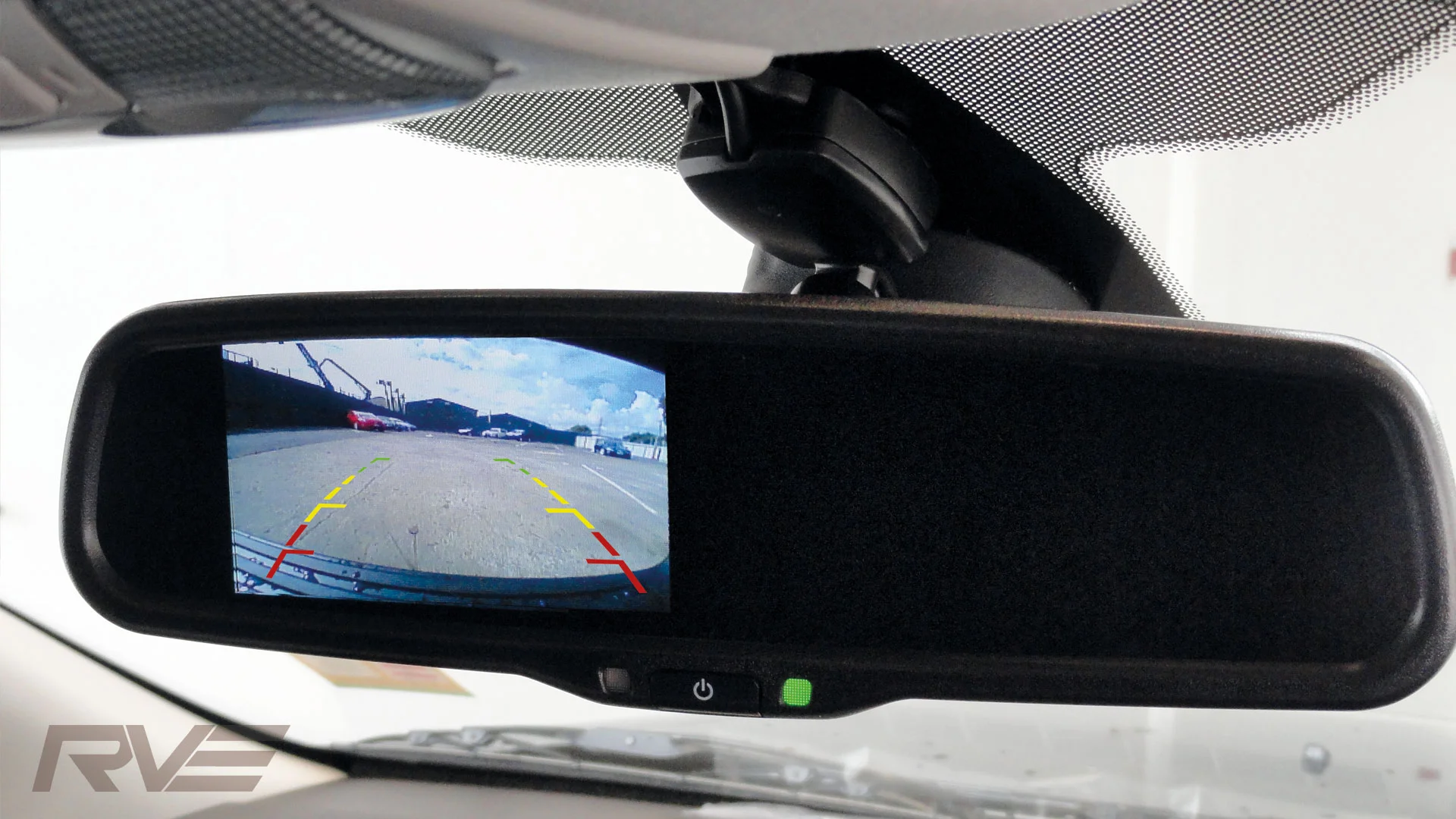 Reverse camera mirror with guidance lines.