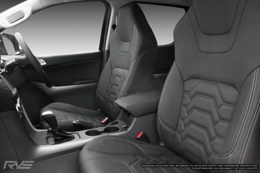 Upgraded tombstone seats in black leather with silver stitching and black stitched Armour inserts. 