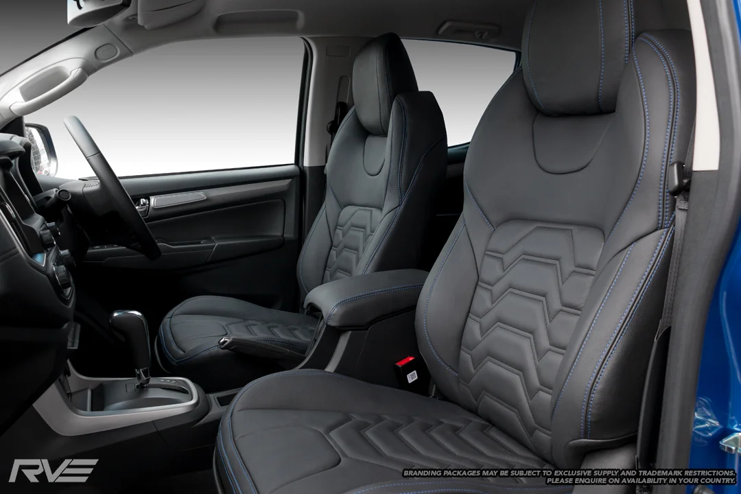 Upgraded Sports seats in black leather with blue stitching and black stitched Armour inserts.