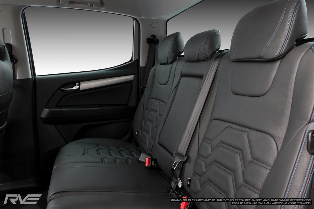 Upgraded Sports seats in black leather with blue stitching and black stitched Armour inserts.