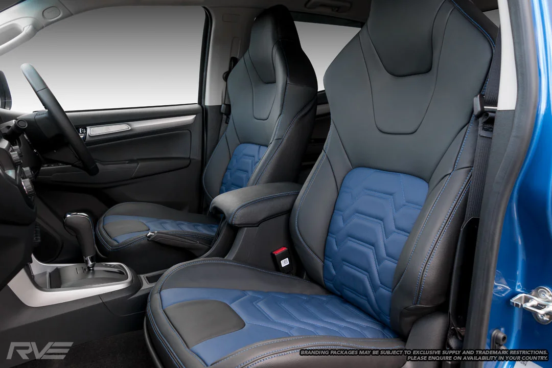 Upgraded Tombstone sport seats in black leather with blue stitching and blue 'Armour' inserts.