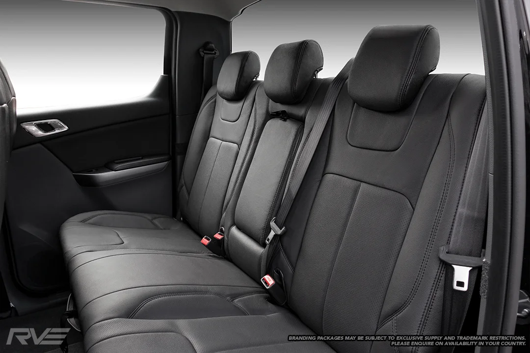 Upgraded tombstone sport seats in black leather with black stitching and perforated inserts.