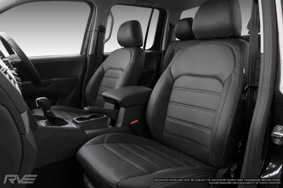 VW Amarok ‘Aventura’ look-a-like seats in black leather with black-stitched inserts, silver stitching and perforated inner bolsters.