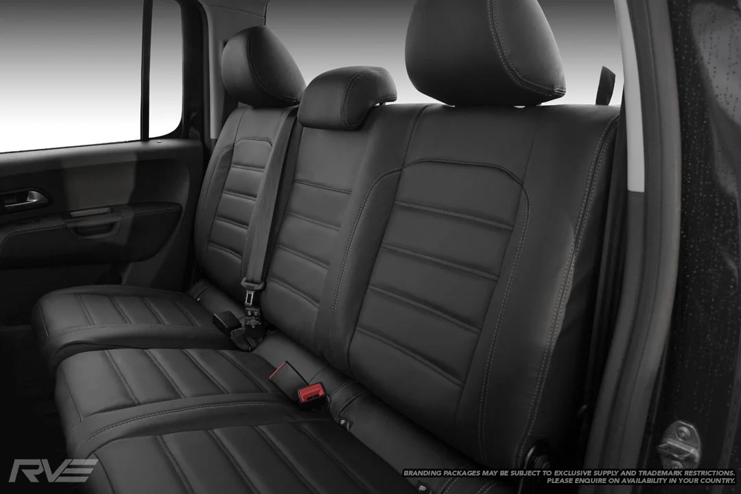 VW Amarok ‘Aventura’ look-a-like seats in black leather with black-stitched inserts, silver stitching and perforated inner bolsters.