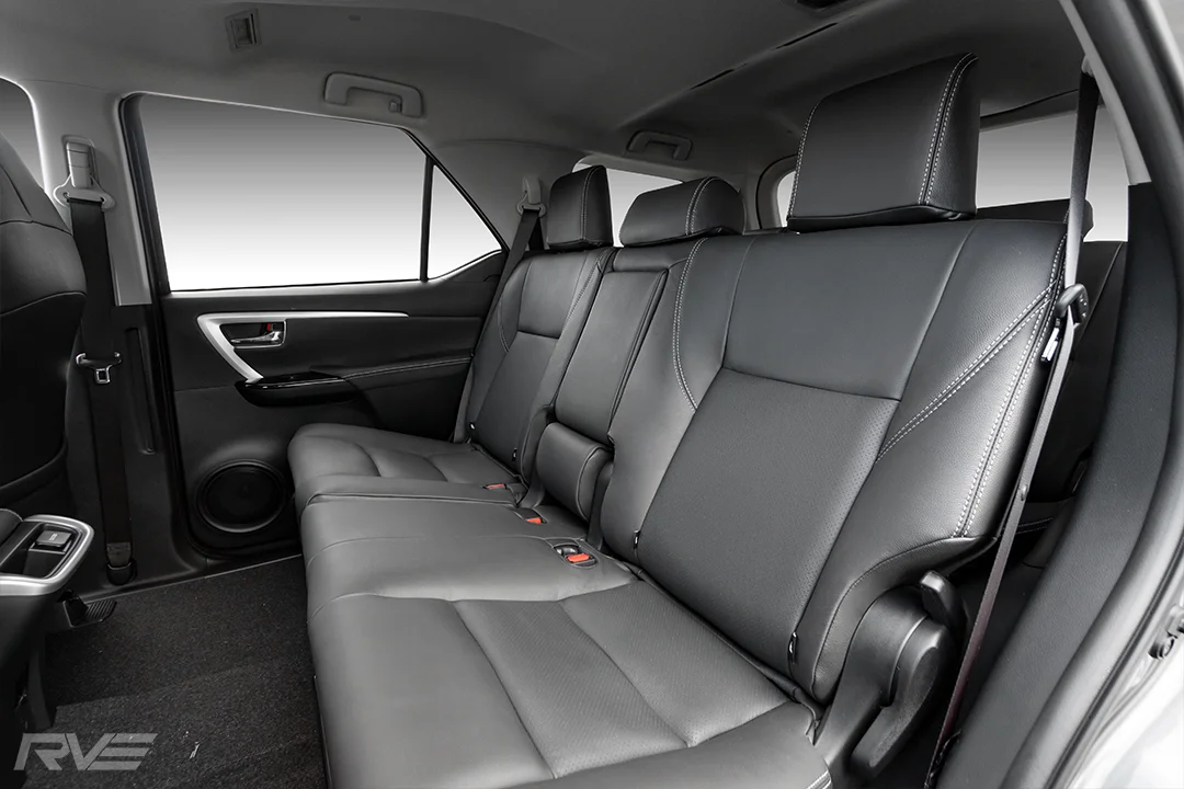 2018 Toyota Fortuner TRD with upgraded tombstone sports seats in black leather with perforated inserts and silver stitching.