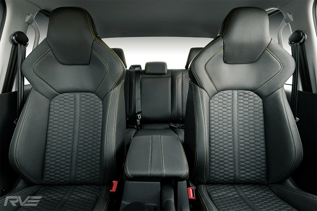 2018 VW Amarok with upgraded ‘Adventura’ style Tombstone sport seats in black leather with black stitched honeycomb inserts, perforated inner bolsters and yellow stitching.