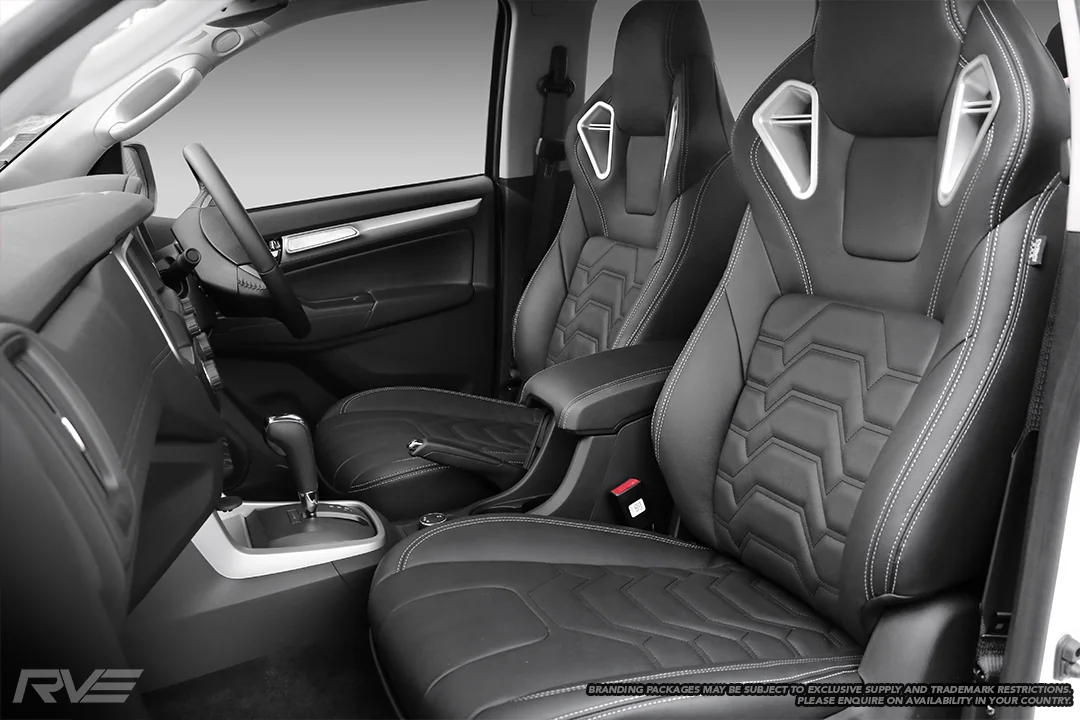 Upgraded Monza sport seats in OEM spec black leather with silver stitching and armour inserts.
