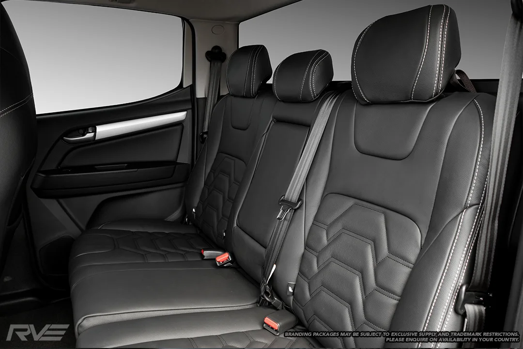 2019 Holden Colorado with upgraded Monza sport seats in OEM spec black leather with black shoulder accents, silver stitching, armour inserts and embroidered logos (exclusive to Ebbett Holden).