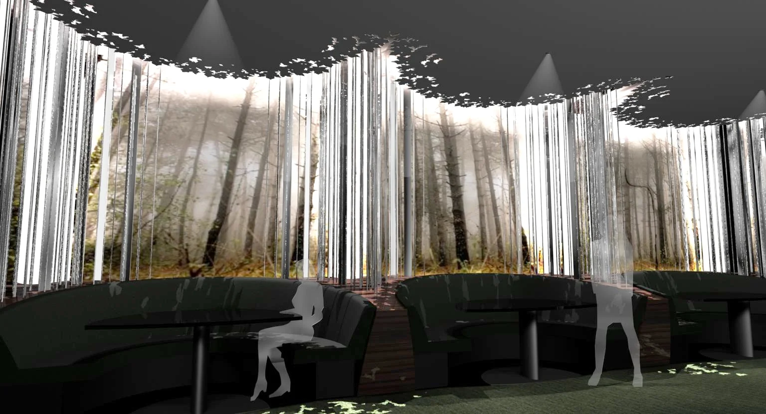 Banquette and back wall design for a bar concept tentatively called "Forest" 