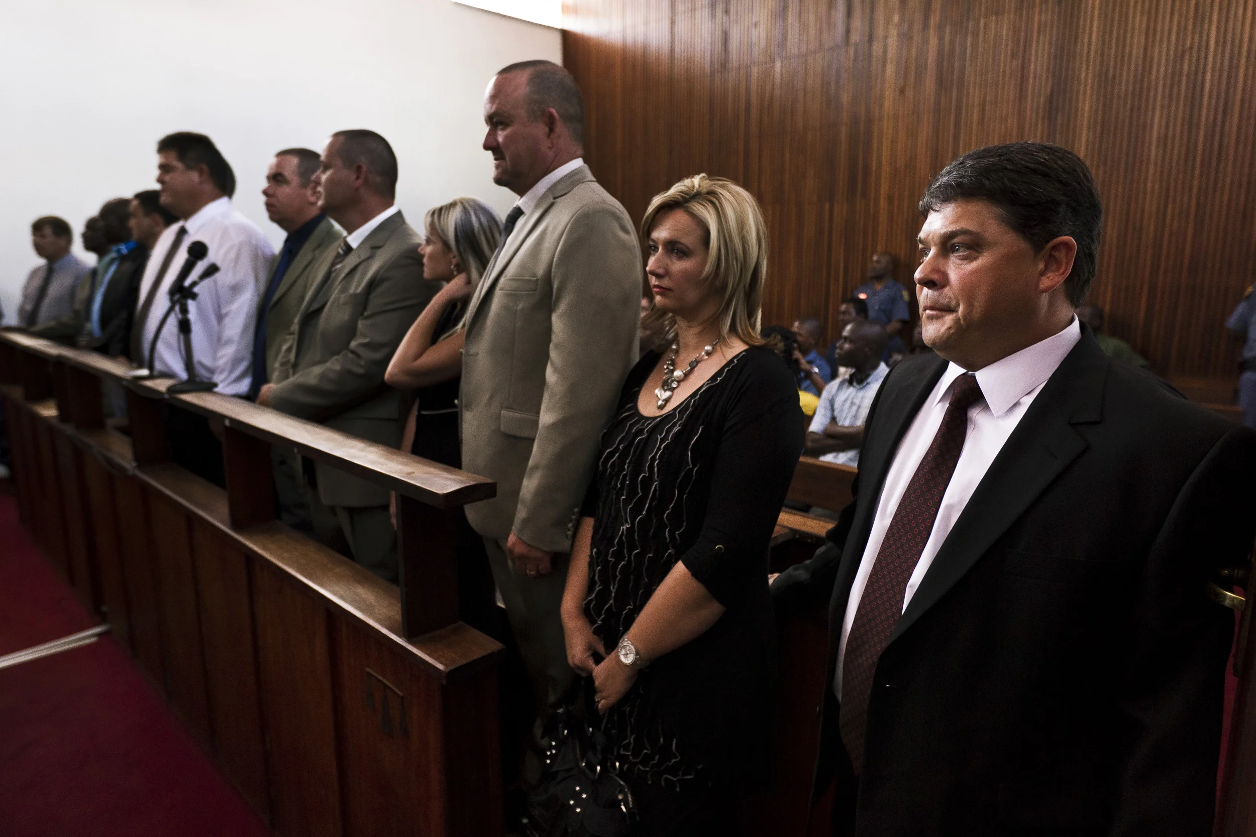 MESSINA, SOUTH AFRICA, APRIL 2011: Accused Rhino farmer Dawie Groenewald, his wife and 11 employees attend a hearing on their case in the Messina Magistrates Court, South Africa, 11 April 2011. Groenwald is accused of transgressing the Endangered Species act after a number of unaccounted for Rhino carcasses were found on his property, a game ranch and hunting facility in Messina in far North East South Africa. (Photo by Brent Stirton/Reportage for National Geographic.)