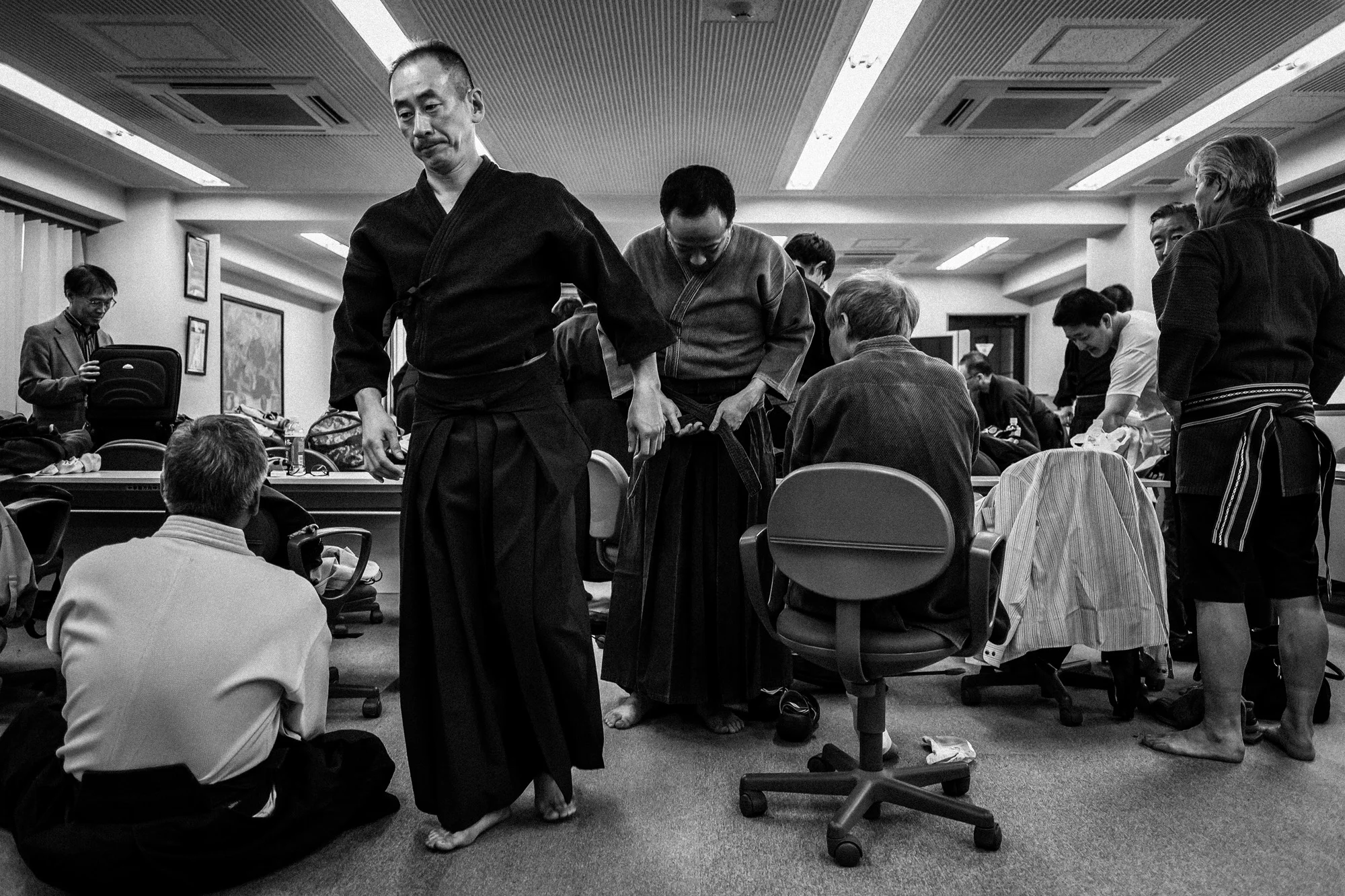 TOKYO, JAPAN, 18 OCTOBER 2014: Sensei Yagyu, a master whose family was important in the creation of 3 centuries of the warrior class of Japan. He is seen lecturing a group of students and also in his modern dojo. His classes represent the better off of those studying the warrior arts in Japan today, as does his dojo in a high rise building in Tokyo. Sensei Yagyu is a banker by profession and many in his class represent the far right in Japan. (Photo by Brent Stirton/Reportage by Getty Images