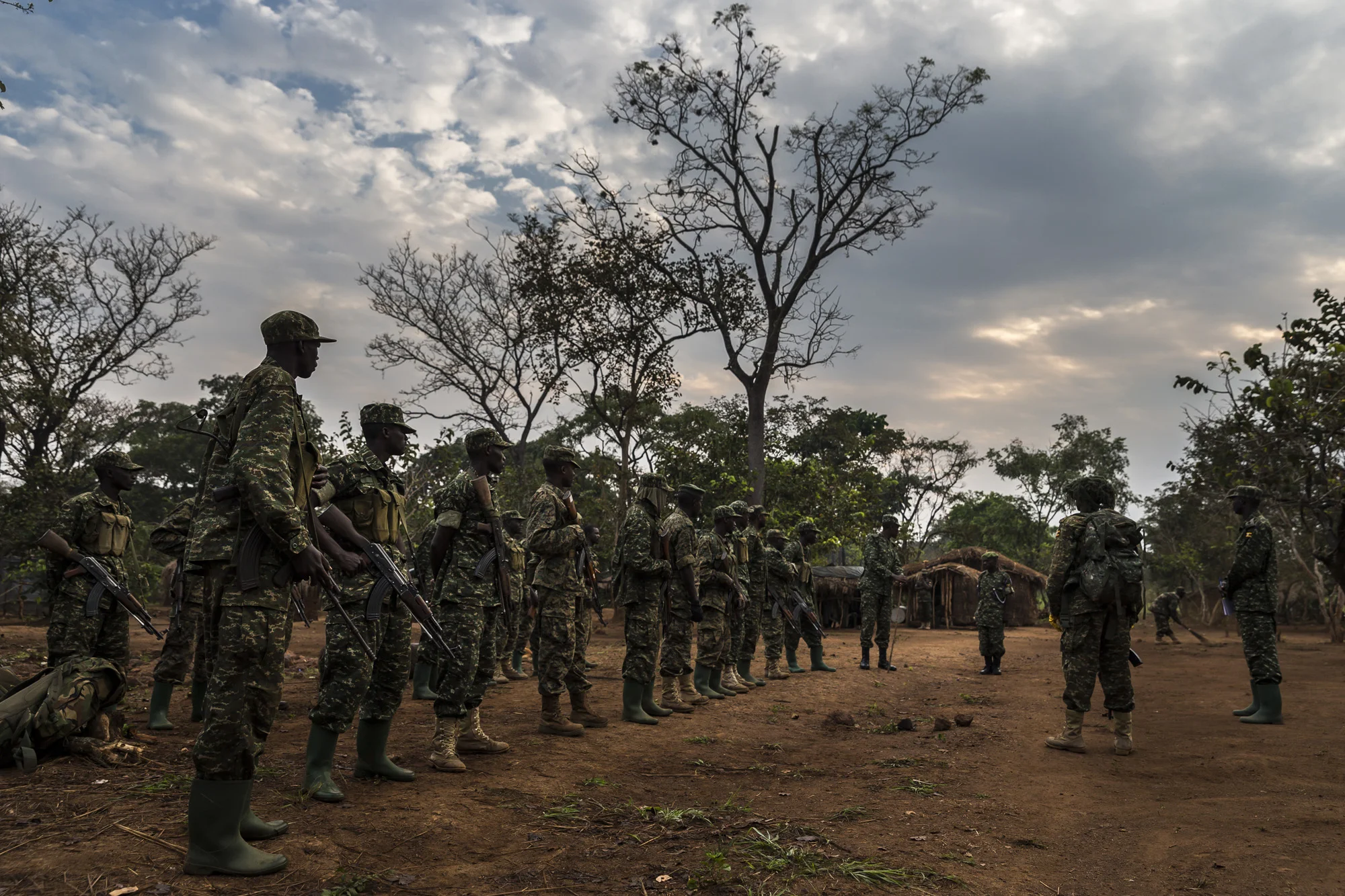 MBOKI, CENTRAL AFRICAN REPUBLIC, 25 NOVEMBER 2014: Soldiers from the African Union Ugandan Armed forces, UPDF, base at Mboki, Central African Republic. The Ugandan contingent based here are focused on the aprehension of the Lord's Resistance Army, LRA, the notorious rebel group led by Joseph Kony which has terrorized citizens of Uganda, C.A.R, South Sudan and the Democratic Republic of Congo for the last 4 decades. (Photo by Brent Stirton/Reportage by Getty Images for National Geographic Magazine.)