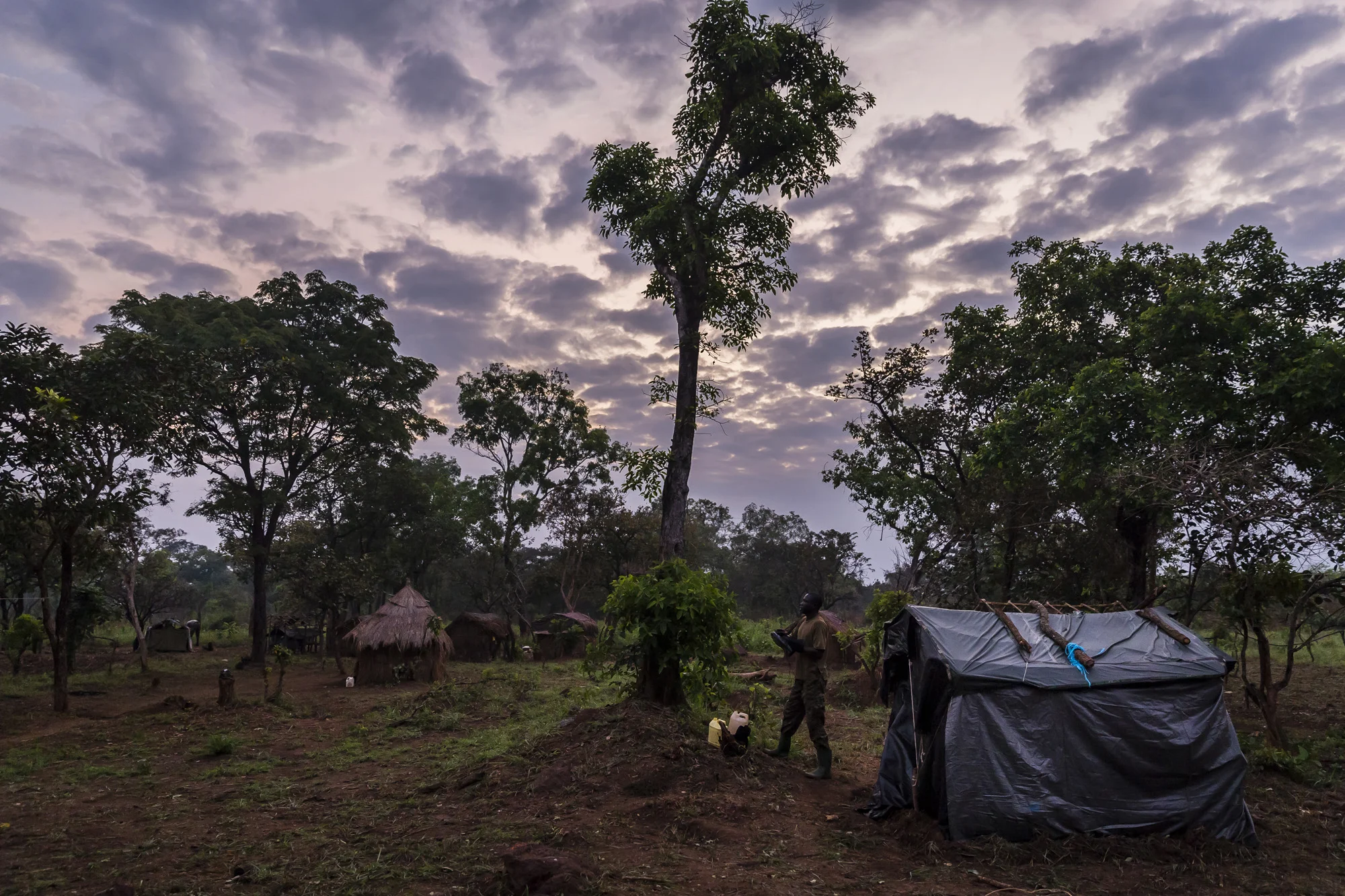 MBOKI, CENTRAL AFRICAN REPUBLIC, 25 NOVEMBER 2014: Soldiers from the African Union Ugandan Armed forces, UPDF, base at Mboki, Central African Republic. The Ugandan contingent based here are focused on the aprehension of the Lord's Resistance Army, LRA, the notorious rebel group led by Joseph Kony which has terrorized citizens of Uganda, C.A.R, South Sudan and the Democratic Republic of Congo for the last 4 decades. (Photo by Brent Stirton/Reportage by Getty Images for National Geographic Magazine.)