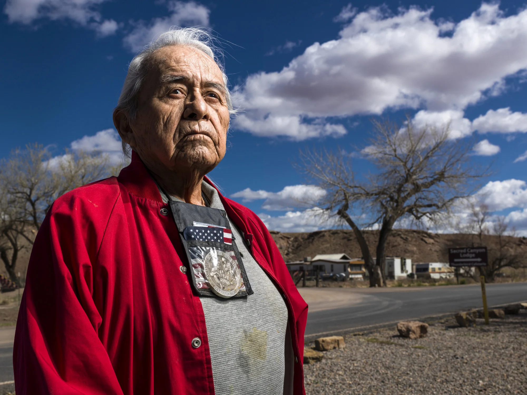 CANYON DE CHELLY, ARIZONA, 3RD APRIL, 2014: One of the last of the famed Navajo Code Talkers, Teddy Draper Snr, "The Atomic Marine." The code talkers used the Navajo language to fool the Japanese who were monitoring U.S radio traffic and are credited with being such an asset to the U.S military that the code talkers has minders with secret orders to shoot them if they looked like being captured alive. Teddy Draper Snr is credited with being the code talkers who relayed the progress and successful attack of the Enola Gay on Hiroshima. (Photo by Brent Stirton/Reportage for Le Figaro.)