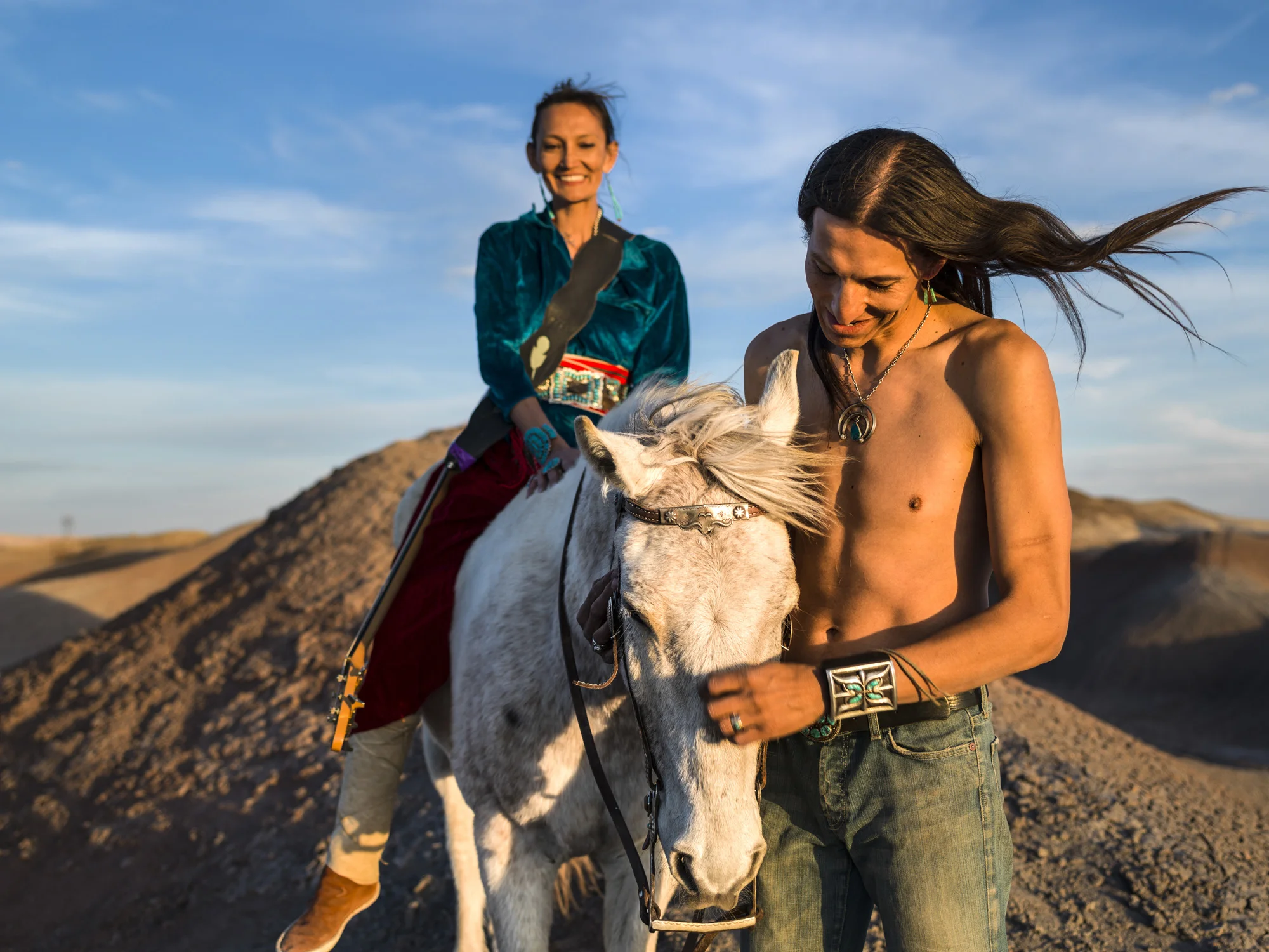 CAMERON, ARIZONA, 16 APRIL 2014: Navajo Punk rock band Sihasin is seen with their horse Moonshadow in a canyon in Cameron, Arizona. Sihasin comes from a long tradition of protest music and expouses traditional Navajo values to their audience. (Photo by Brent Stirton/Reportage for Le Figaro Magazine.)