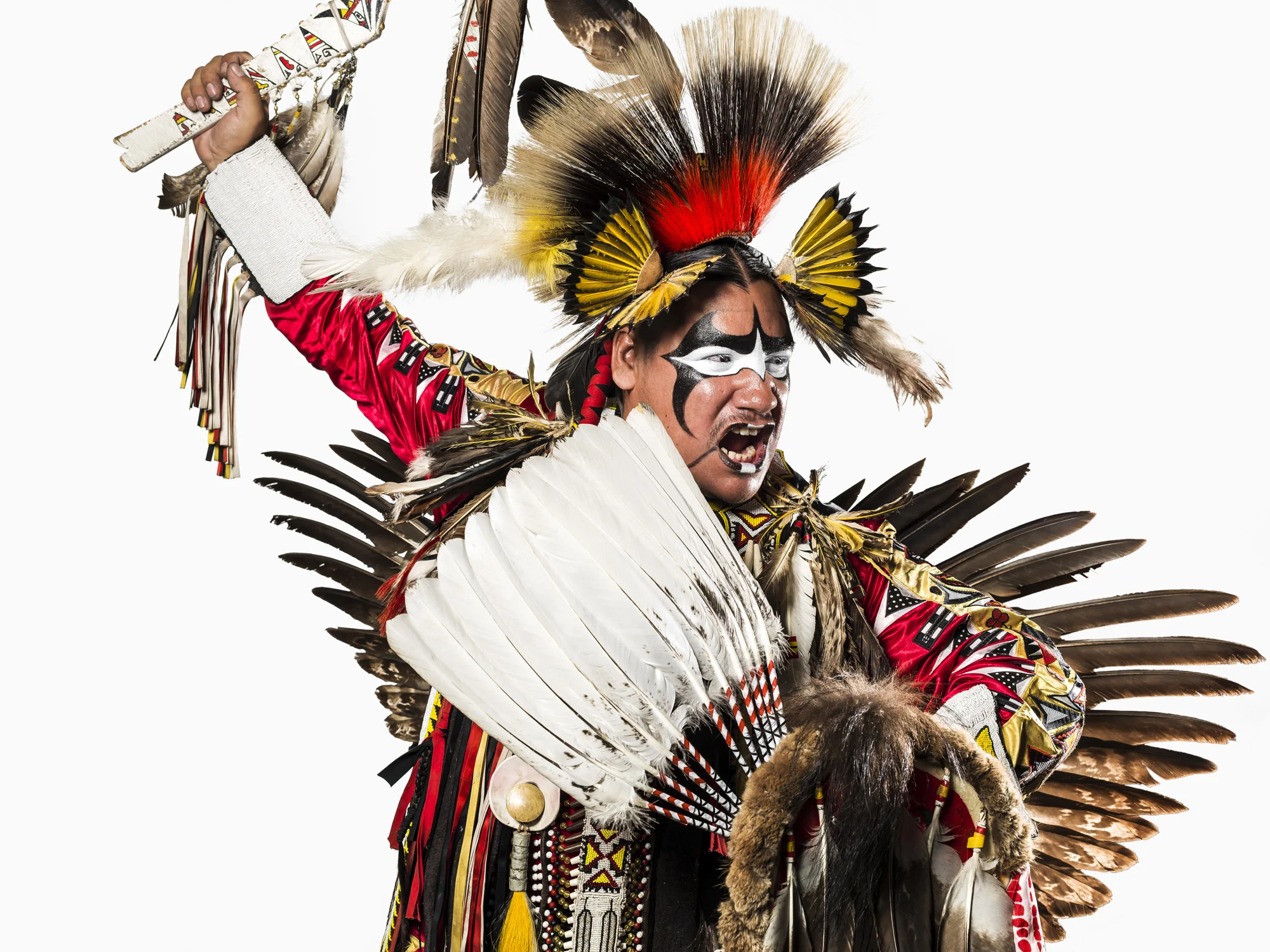 FLAGSTAFF, ARIZONA, 13 APRIL 2014: Images from a multi-tribe Pow Wow held in Flagstaff Arizona. These dancers come from all over America, the portraits are of Navajo dancers. Their costumes are not traditional however and have come to portray an almost "Super-Indian" collective today. (Photo by Brent Stirton/Reportage for Figaro Magazine.)
