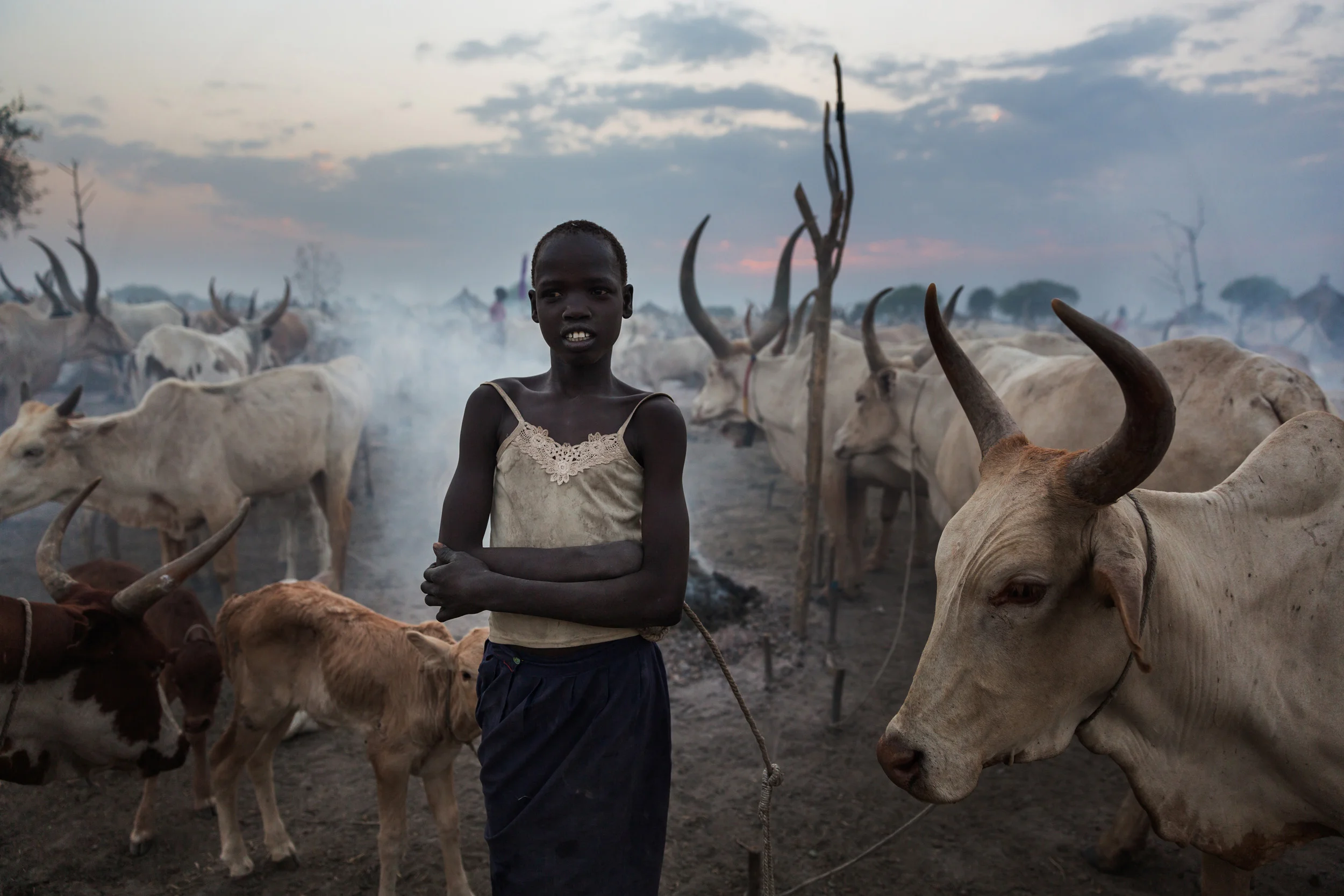 BOR, SOUTH SUDAN, FEBRUARY 2013: Scenes with cattle in the countryside close to Bor, South Sudan, February 7, 2013. Cattle are very highly prized in the economy of South Sudan and are often a part of the price of dowry for a young woman's hand in marriage. This is a long standing part of the economy for families and lends tremendous value to cattle. This often leads men to assume a sense of ownership over the woman. Early marriage is common in Sudan, with girls as young as 12 essentially sold into a life of indentured labour and childbirth. There are moves to change this in the legal system in South Sudan but this fledgling country is struggling with many issues and the fact that early marriage is a long established part of the culture is making this transition in thinking very difficult. (Photo by Brent Stirton/Reportage for Human Rights Watch.)