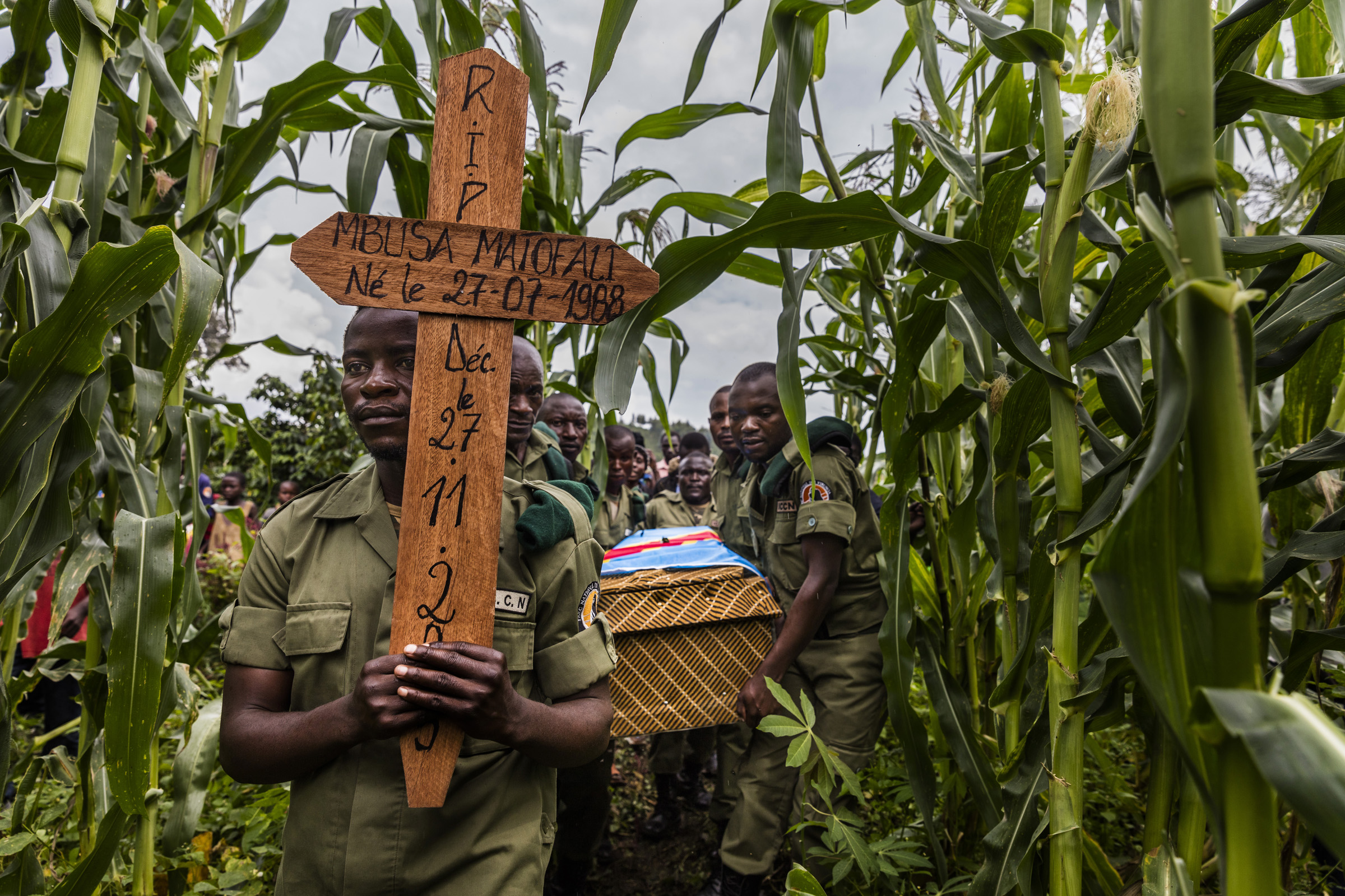 RUMANGABO, NORTH KIVU, DEMOCRATIC REPUBLIC OF CONGO, 28 NOVEMBER 2015: The funeral of ICCN Ranger Theodore Mbusa Matofali, 27, after a tragic car accident which left him dead from head injuries. Over 150 ICCN rangers have died in the course of their
