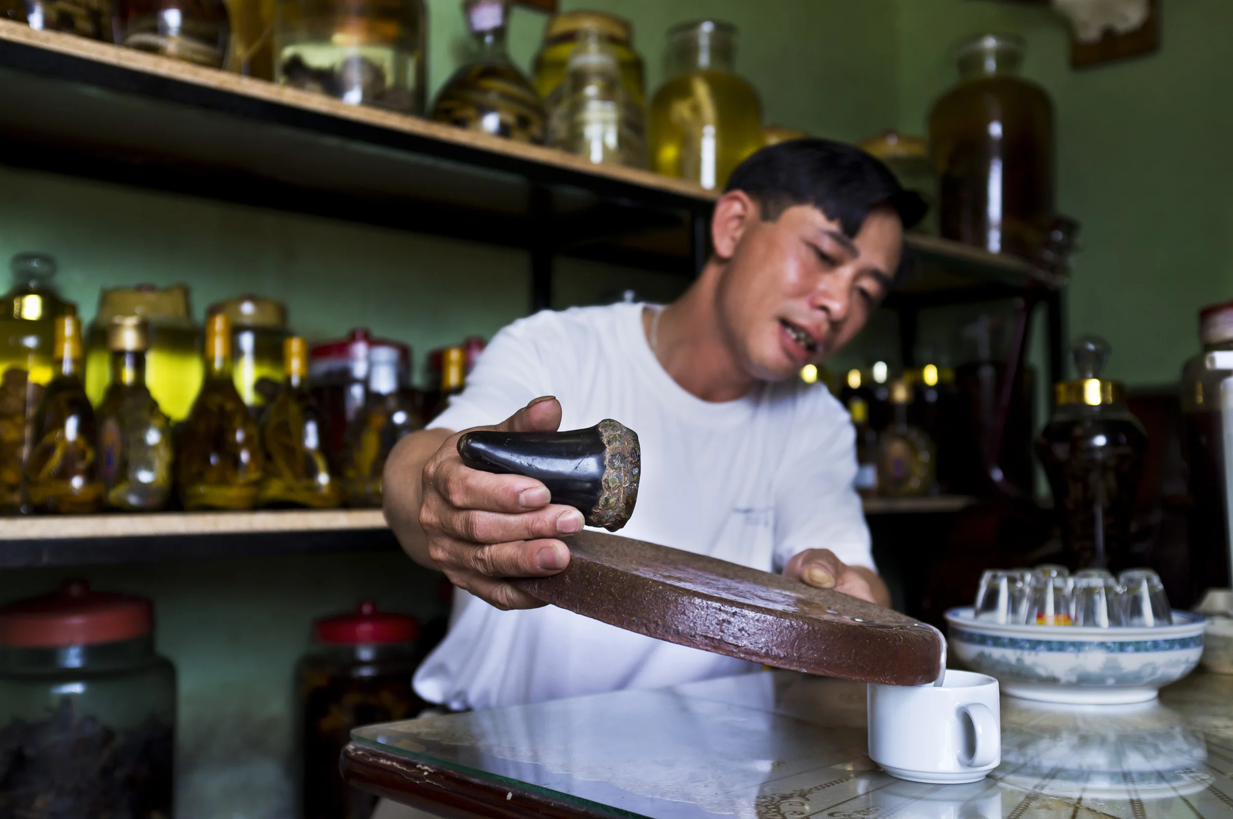 SAIGON, VIETNAM, OCTOBER 2011: A traditional medicine specialist pours the grindings of Rhino horn mixed with water into a cup for drinking, Saigon, Vietnam, October 4, 2011. He has a client with breast cancer and she has been told that drinking Rhino horn can cure her cancer. She is one of millions of Vietnamese who are prepared to try a cure which has been part of the culture for thousands of years. Rhino horn is illegal in Vietnam yet sells for around $2500 per 100 grams for locals and for as much as $8500 per 100 grams for foreigners. (Photo by Brent Stirton/Reportage by Getty Images.)