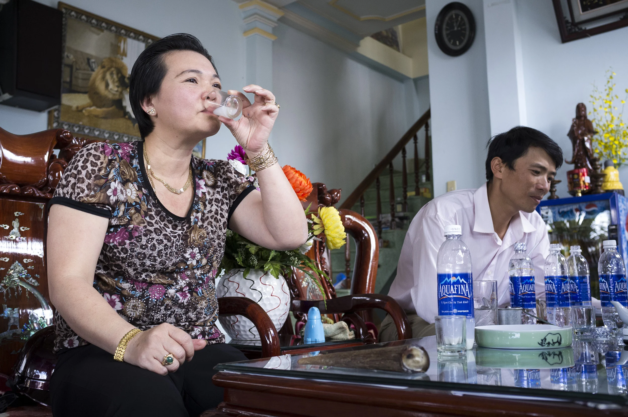 Baoloc, Vietnam, 6 October 2011: A wealthy Vietnamese woman sits and grinds Rhino horn for her personal consumption in a roadside café in Baoloc, Vietnam. The dealer who sold her the horn sits next to her. Rhino Horn is an illegal substance in Vietnam yet both the woman and her dealer have no fear of the police, grinding the horn in a café in full view of the street. The dealer states that he pays $1500 a month to the right people and they can carry on with impunity. The woman says that it has cured her Kidney Stones and now she takes it daily for her general health. Rhino horn is generally used as a fever reducing agent and for the removal of toxins across Vietnam, the biggest market for horn today. Rhino horn has even been held up as a cure for Cancer by a senior Minister in the Vietnamese government. Rhino horn is now worth more than gold on the international market. 100 grams of Rhino horn in Vietnam sells for $2500 to locals and over $8500 to foreign buyers, these were the prices consistently offered to our investigative team in meetings with 5 separate dealers across the country in October 2011. The demand for Rhino horn is now fueled by a newly wealthy Asian middle and upper class that can afford the substance which was previously only for the wealthy. The price is further affected by the controlling influence of organized crime. The horn is used overwhelmingly as an anti-fever, anti-toxins medication, with thousands of years of cultural belief behind the practice. This is despite the fact that Rhino horn is now an illegal substance around the world. South Africa alone has lost more than 400 Rhino to illegal poaching incidents in 2011, to say nothing of those lost to legal hunting. There are less than 16000 rhino left in the world and at this compounded rate of killing, the Rhino is racing to extinction. (Photo by Brent Stirton/Reportage by Getty Images)