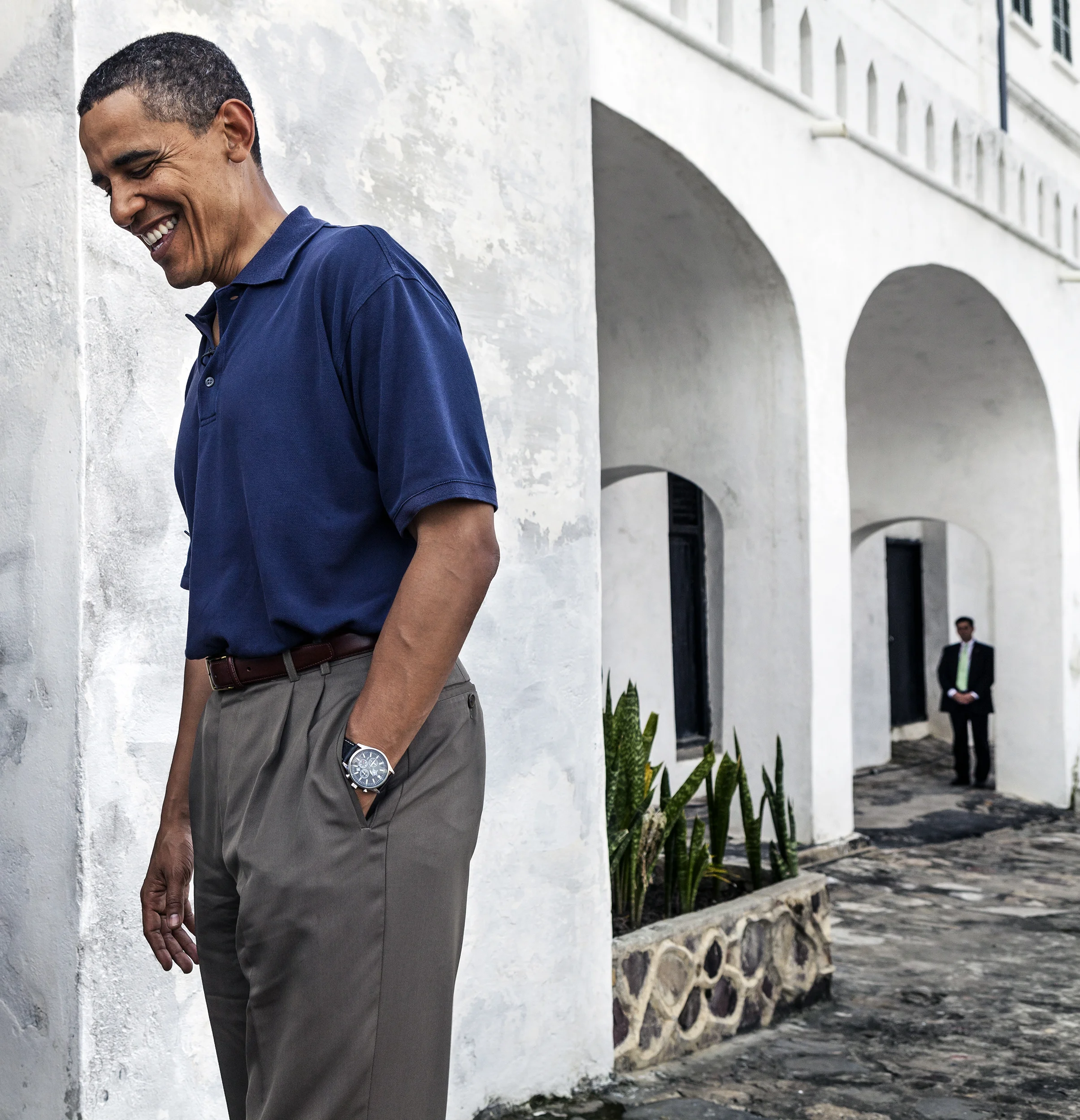 CAPE COAST, GHANA, JULY 2009: Anderson Cooper and crew in Ghana to interview President Barack Obama as he visits a former Slave Fortress on the Cape Coast of Ghana , July 11 2009. Slaves were interred at the fort throughout many years of slaving practise in Ghana's history. Obama was in Ghana as part of a three country tour with Ghana as the final stop. (Photo by Brent Stirton/CNN.)