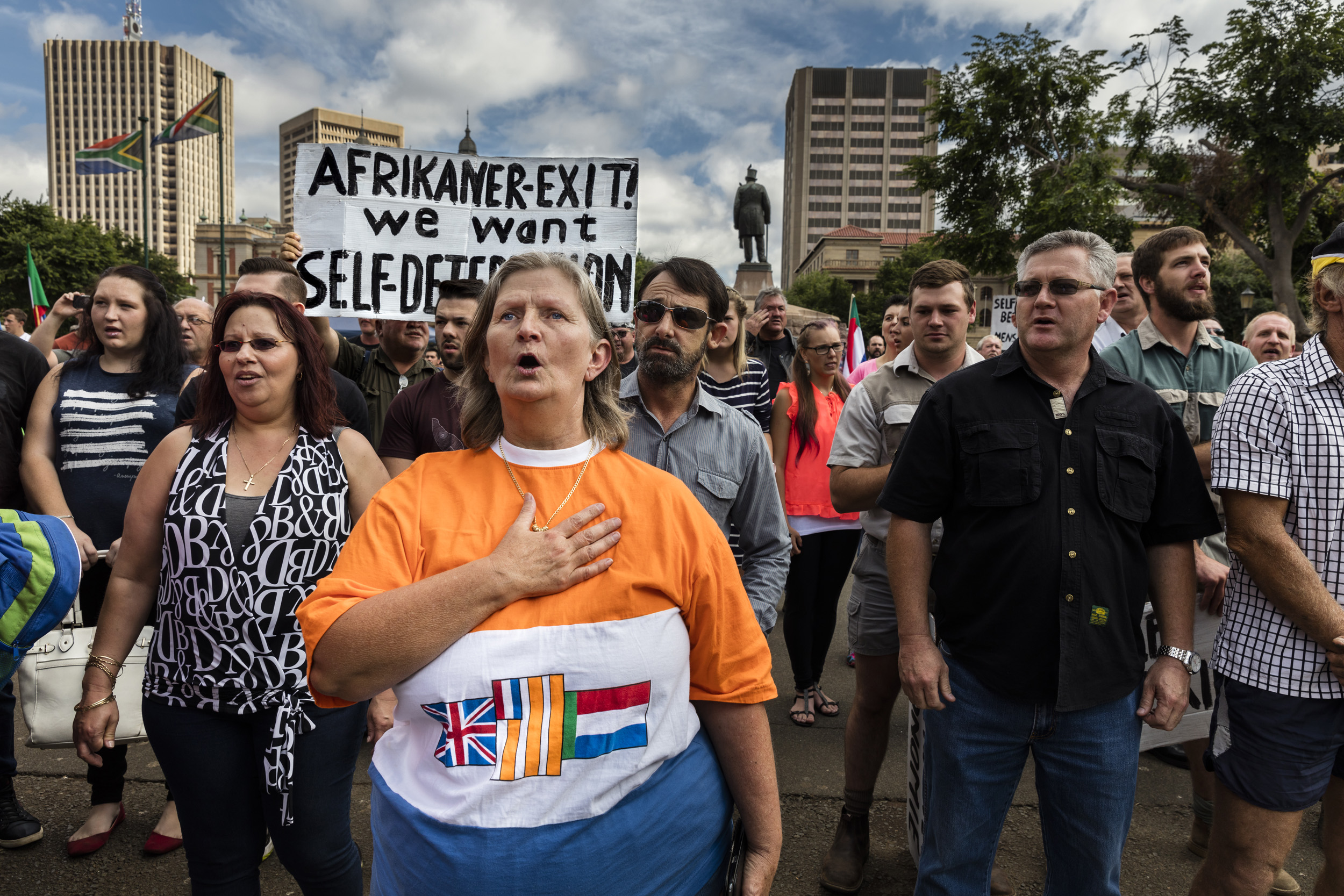 PRETORIA, SOUTH AFRICA, 25 NOVEMBER 2016: A demonstration against farm murders by right wing groups and farmers by the statue of Afrikaner patriarch Paul Kruger. Official government statistics are censored by the ANC government but the highest figur