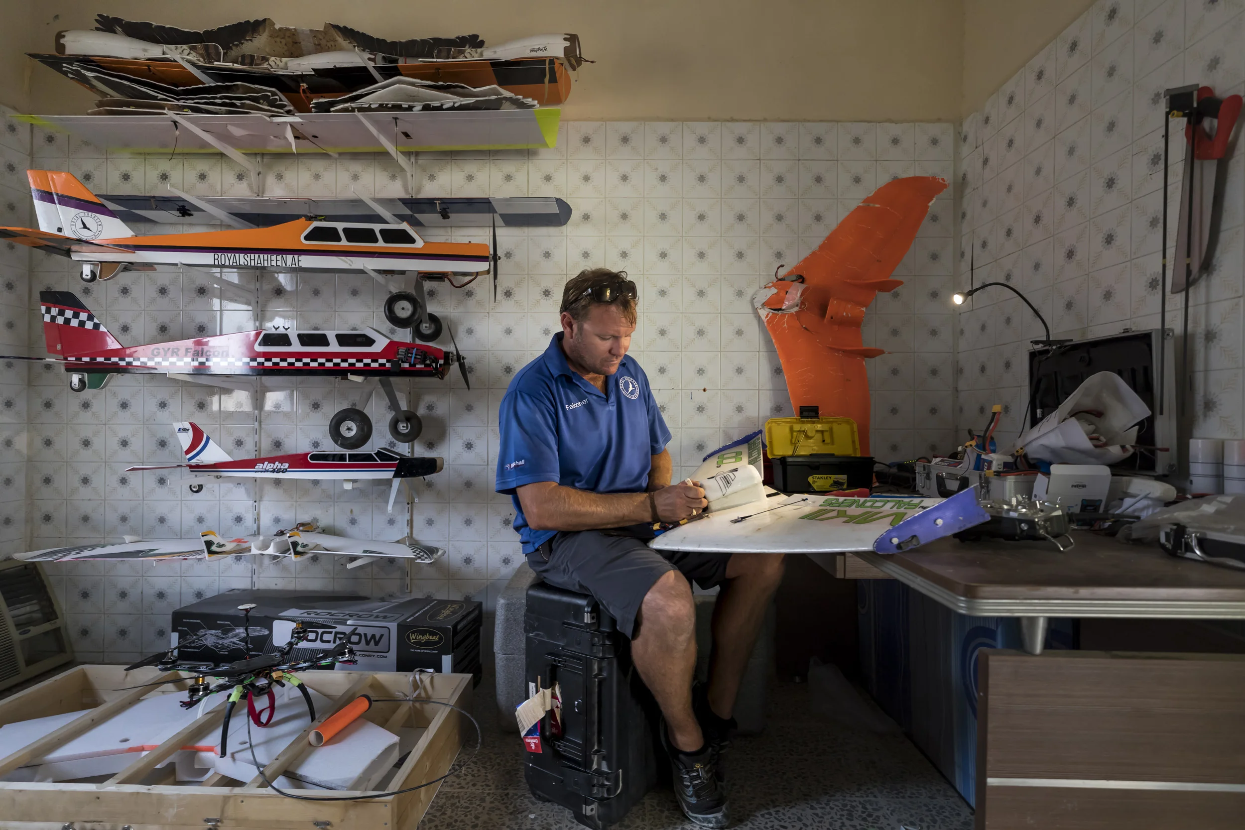 DUBAI, UAE, OCTOBER , 2017: Peter Bergh, co-owner of Royal Shaheen Falconry, is seen working on his radio controlled aircraft,, the "Berghwing" which he has designed along wiht a Belegium pilot. It is the most advanced RC aircraft being used in falconry training today. It is a far more radical design than any of the other current RC offerings. This allows him to more close imitate the movements of the prey species and also the falcons themselves. Peter developed the wing alongside a pilot from Belgium and it’s enclosed propeller and GPS auto guidance system is a cut above anything else currently on the market. Training consists of multiple techniques where lures are used in multiple manifestations. Hand lures, lures on ropes, lures towed behind radio -controlled airplanes. Live prey is also used to accustom the birds to killing and build a blood lust. These are typically released and the falcons must hunt them out of the sky. Quails, ducks and finally, the prey of choice, Houbara Bustards, are used to train the falcons. All of these prey species are bred in the region and in the international hunting areas specifically for this purpose. In the UAE, where a huge amount of progress has occurred at an accelerated rate over the last 60 years, falconry is seen as a link back to the past and to the ancient culture of the Bedouin. Falcons were used for centuries for hunting food and the Arabs have a long association with falcons. Nowadays it is the sport of choice across the Arab world. Twenty years ago, most of the birds used were from wild capture, a fact that meant falcons were taken from the wild and subjected to long and dangerous journeys from as far away as Siberia and Mongolia. Many did not survive and those that did often arrived sick and in poor condition. Most of those falcons also came from colder climates and did not survive the heat of the desert region. These days, the vast majority of falcons used in the UAE are captive bred birds. Sheikh Butti is the fi