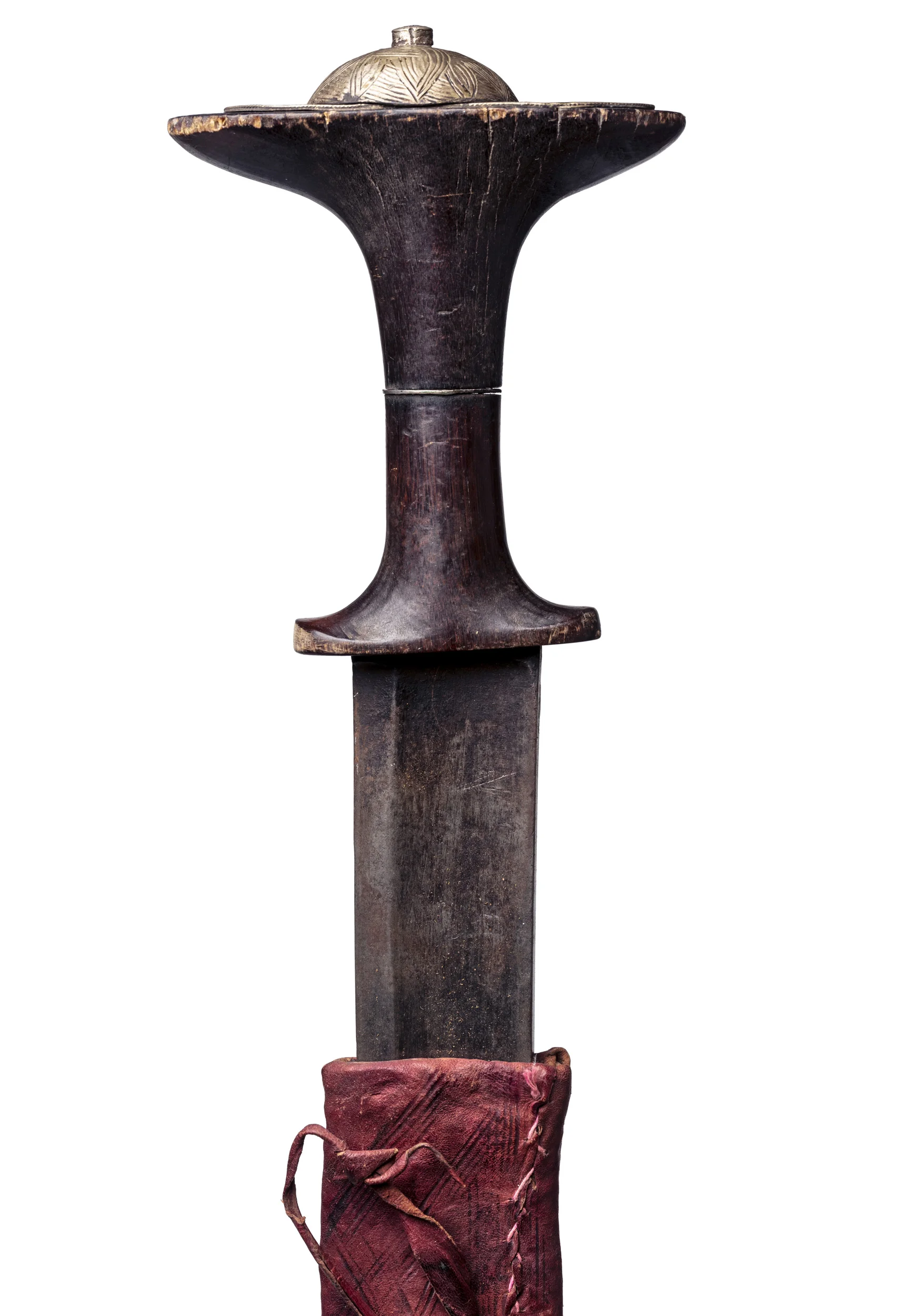 Black Rhino horn utilized as a sword handle in a sword from Yemen. The use of rhino horn was common in Yemen, and highly desirable for Jembia’s, the traditional knives Yemeni men use and wear as part of their daily garb.