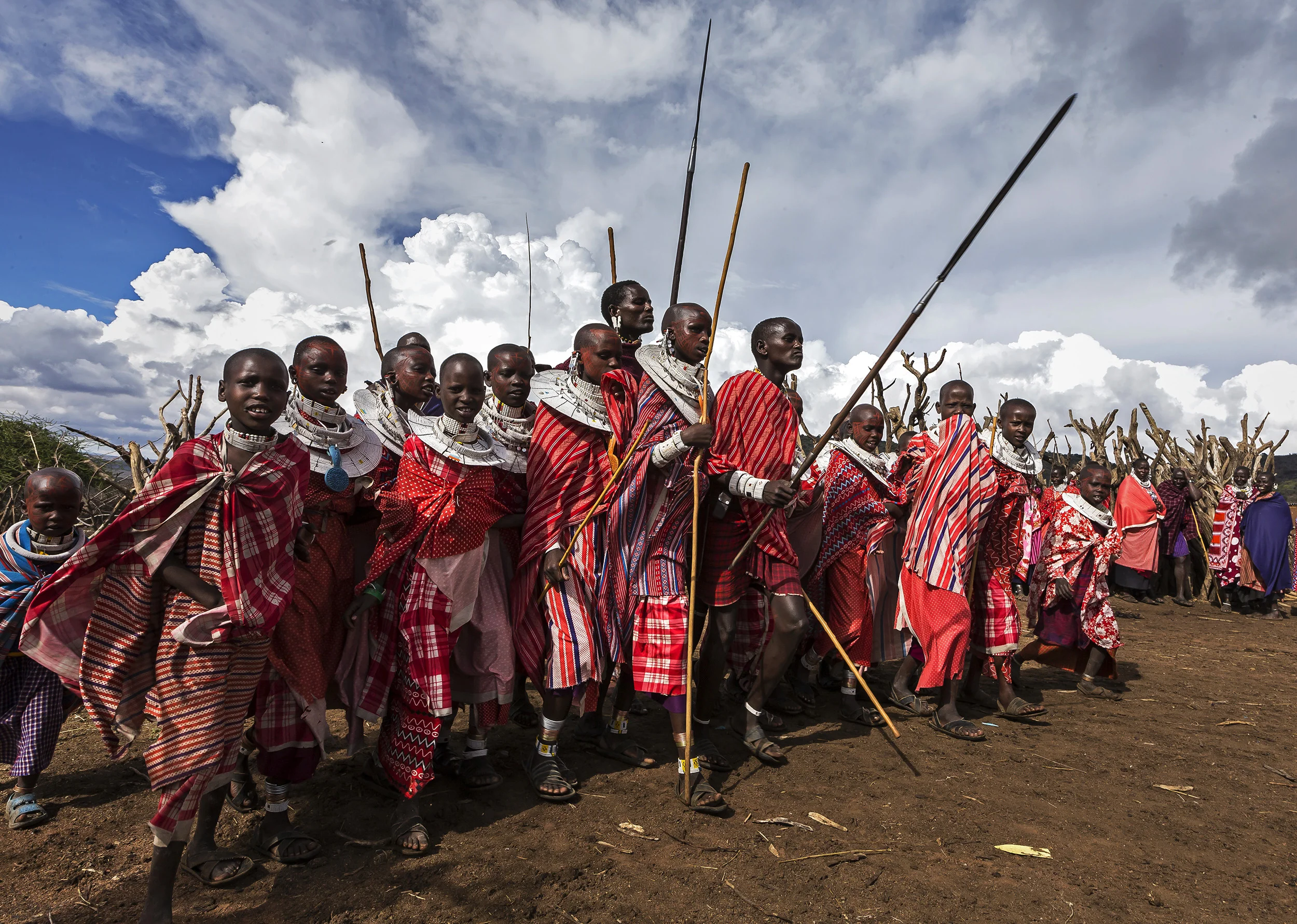 LOLIONDO, NORTHERN TANZANIA, NOVEMBER 2012: Images from a Masai coming –of-age ceremony in a remote Masai village in Loliondo, Northern Tanzania, 2 November 2012. Two of the young warriors in this ceremony are wearing a Lion Mane head-dress from a lion they speared 3 years ago. The Masai have a long history of lion-killing, both as a proving ground for young warriors in their ascent to manhood and also to protect their cattle from lion attacks. This is an illegal activity and 3 years ago a number of young warriors were arrested and jailed for this offence. Illegal lion killing continues amongst the Masai today, but as lion numbers dwindle, this activity is also increasingly rare to find. Conflict between the pastoralist Masai and the lion is an age-old phenomenon. (Photo by Brent Stirton/Reportage for National Geographic Magazine.)