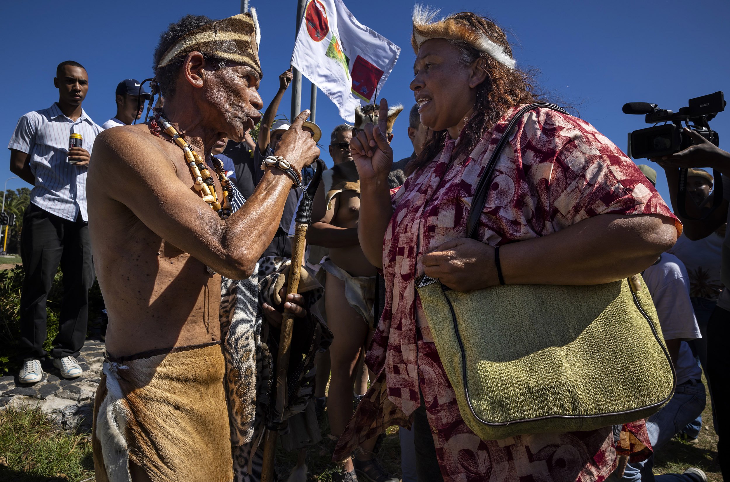 CAPE TOWN, SOUTH AFRICA, MARCH 22, 2022: Chief Autshumao, a prominent leader of the Khoisan Legislative Council and on the Goringhaicona Khoi Khoi Indigenous Traditional Council, is against the building of a new Amazon headquarters in Cape Town as i