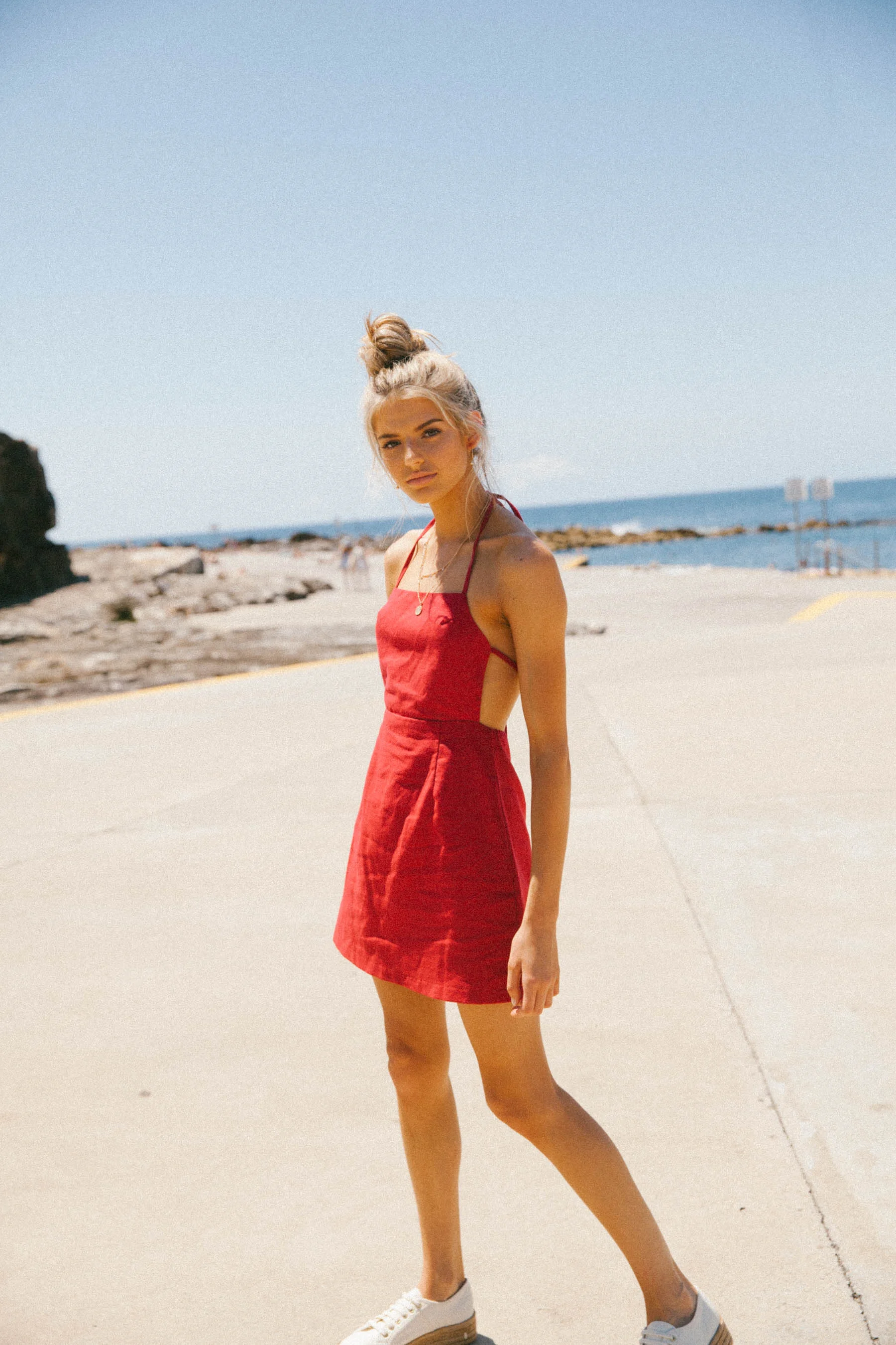 Avalon Dress / Burgundy Lena Earrings / Gold Minc Collections Harper Necklace / Gold