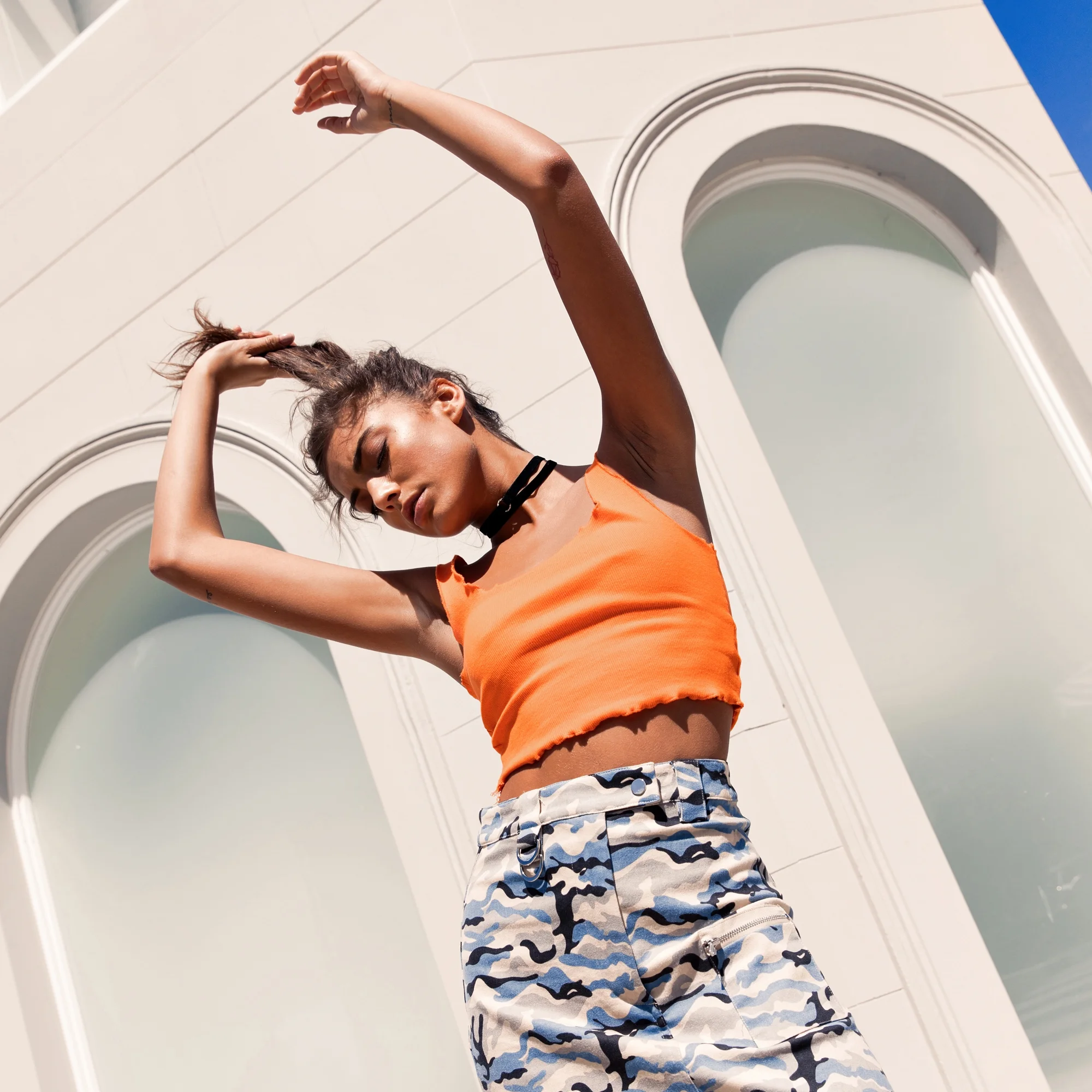 Beyond Her Poison Crinkle Singlet / Orange Beyond Her Rambo Mini Skirt / Blue Camo