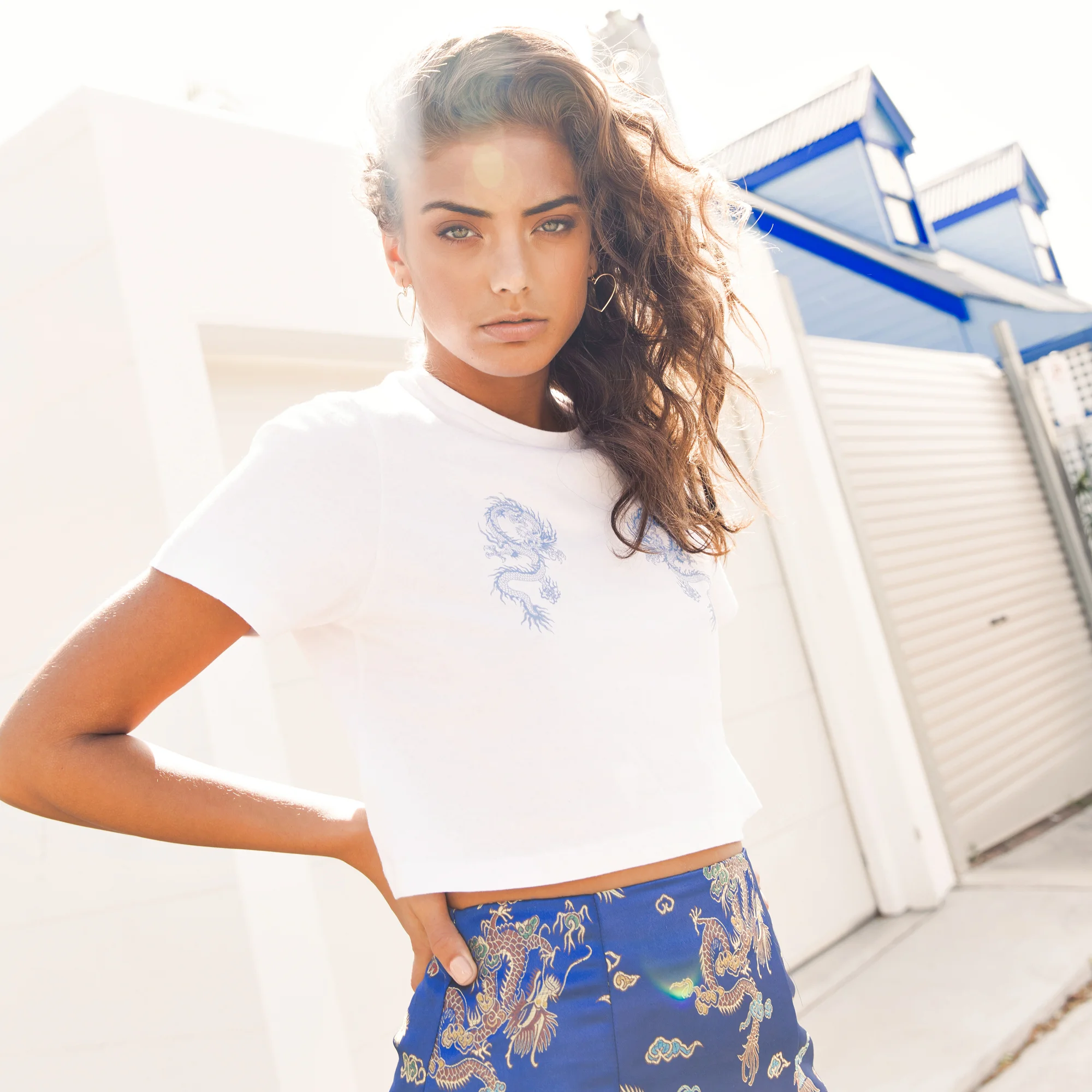 Beyond Her Good Luck Crop Tee / White Beyond Her Slay Satin Mini Skirt / Blue Dragon