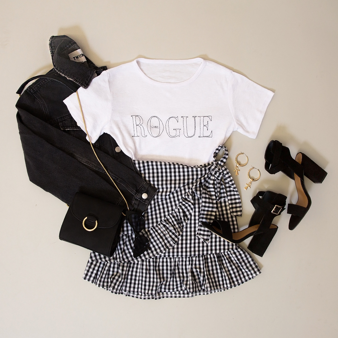 Overcast Cut Off Denim - washed black, Twiin_ ET1704005 - Awol Tee - Off White, 72687-6_ Nikola Skirt - Gingham, Collins Heel - Black Suede, add whatever accessories-2.jpg