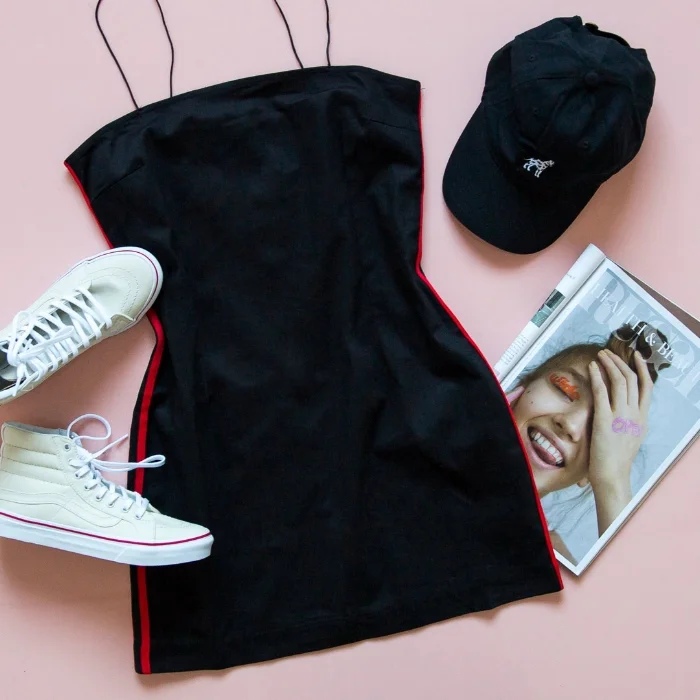 Racing Stripes Dress - Black, SK8-Hi Slim Leather Canvas Sneaker - Bone%2FTrue White, Dalmatian Cap - Black.jpg