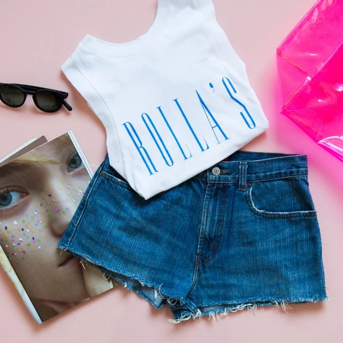 Linen Logo Tank - White, Market Bag - Neon Pink, Station Polarized Sunglasses - Black Matte, Vintage Denim Cut-Off Shorts - Levis 569 (W28) - Dark Wash Denim. .jpg