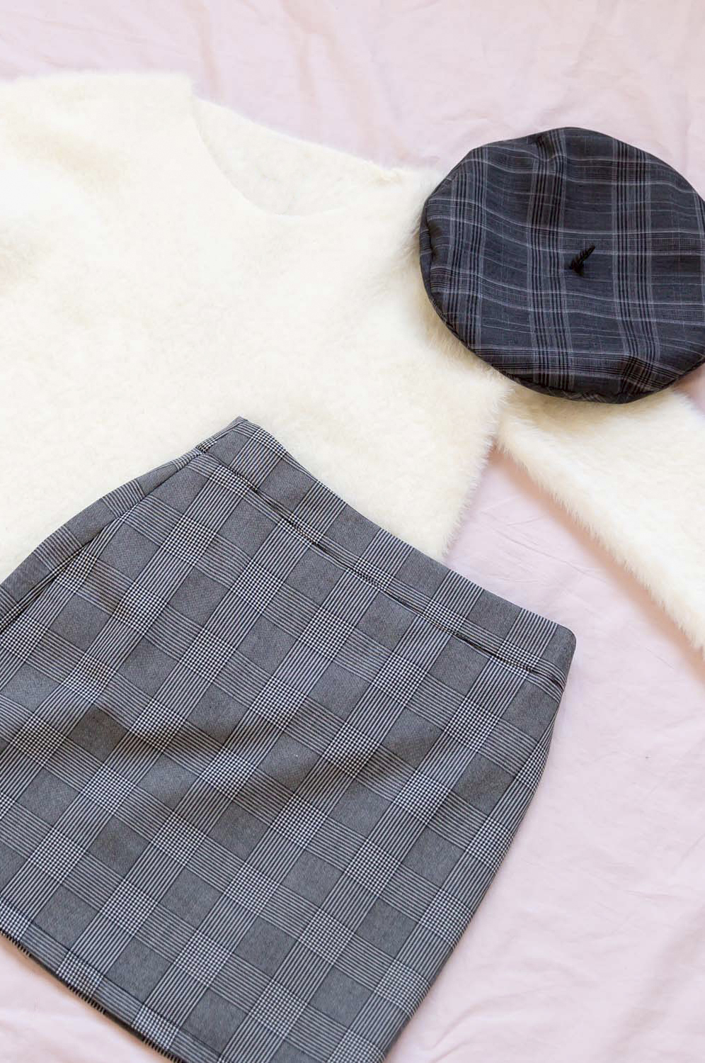 Meyana skirt - grey check, poppy fluffy sweater - white, mutha sneakers - white, audrey beret - grey plaid,  4.jpg