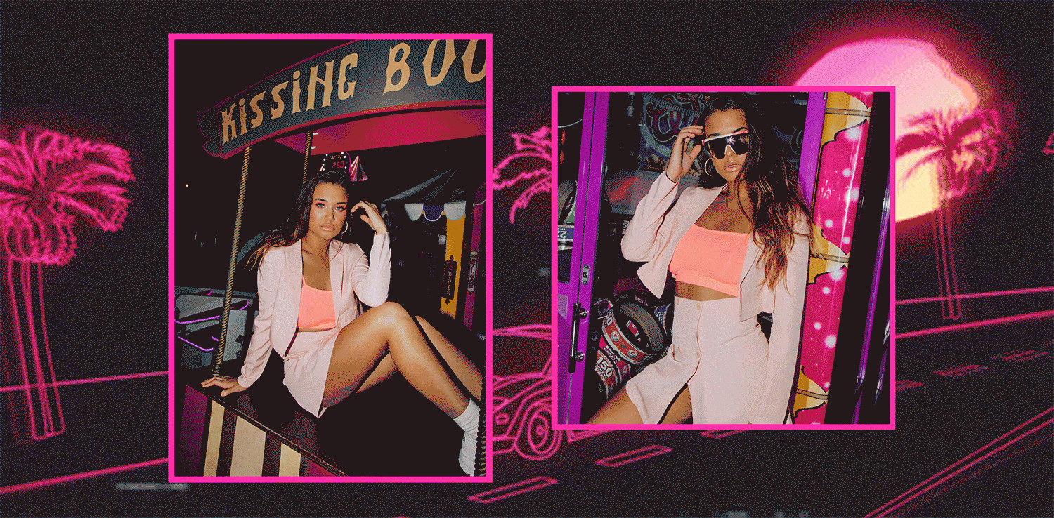 Bella wears the Phoebe Set , Neon Dreams Top , Elsa Earrings , Misfitz Sunglasses and FILA Disruptor Li Sneakers.